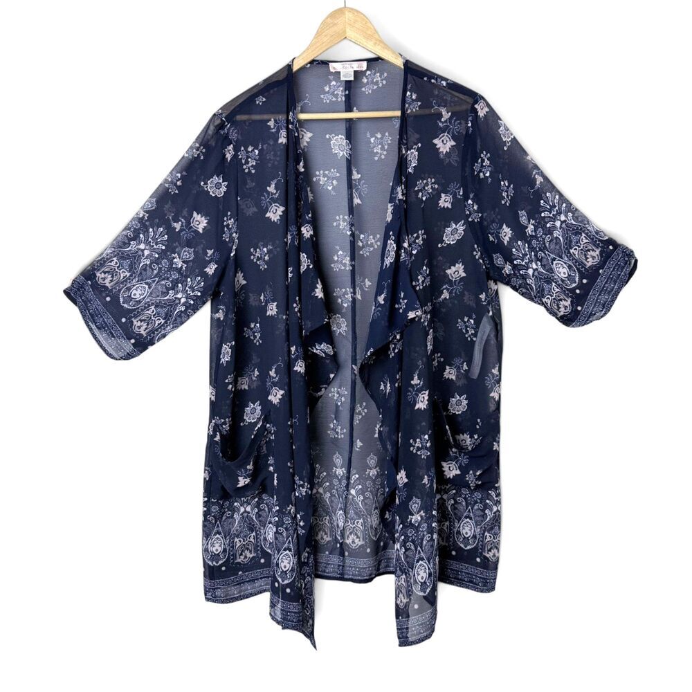 band of gypsies bog collective navy floral boho kimono open front resort l/xl